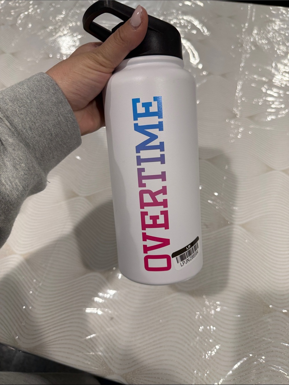 Overtime White Water Bottle with Blue-to-Pink Ombre Logo